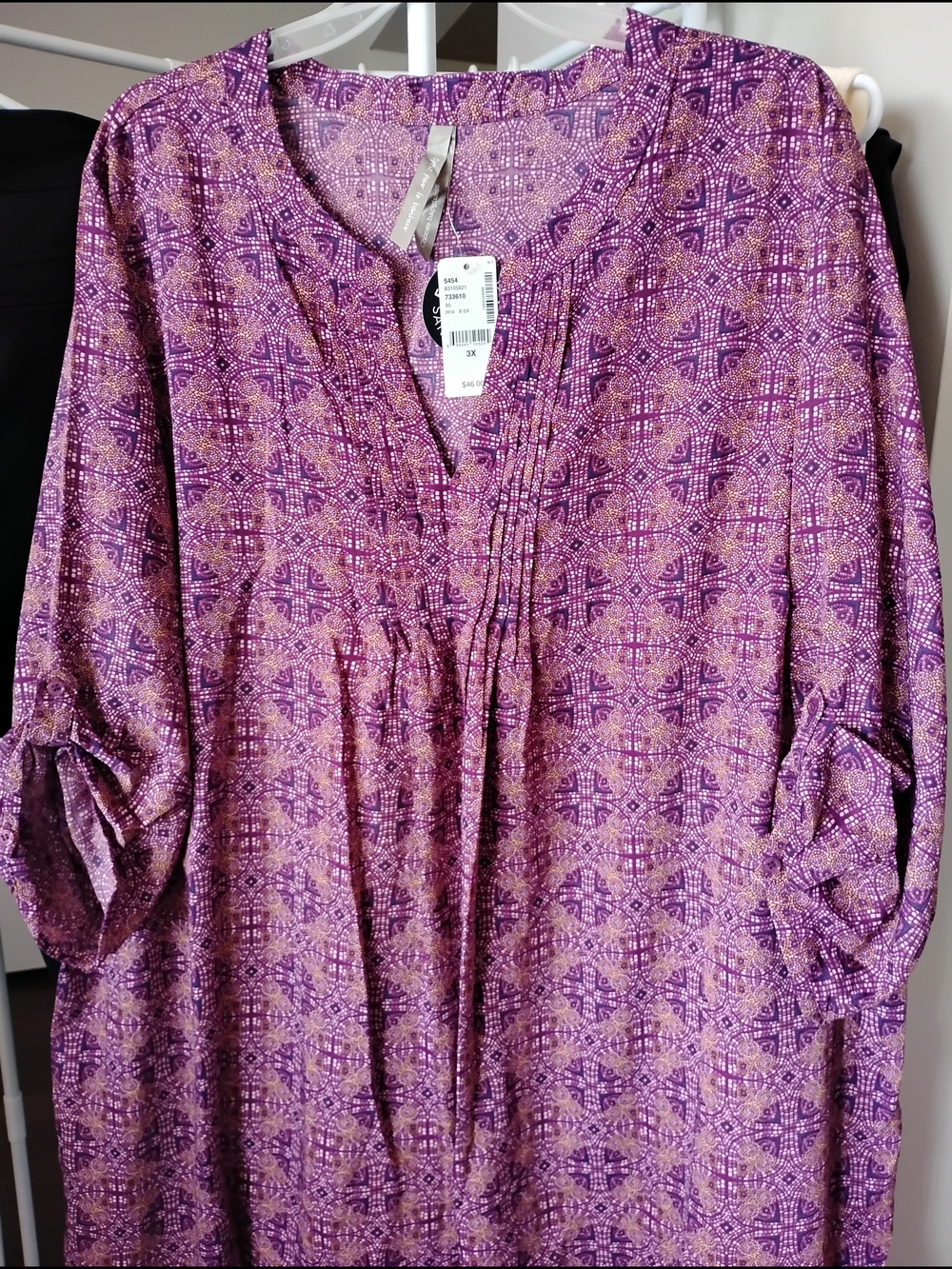Penningtons Women's Pleated Split Neckline Purple Printed 3/4 Sleeve Blouse Top - Picture 1 of 5